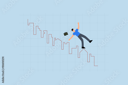 Real estate market price down chart, investor or real estate agent sliding from house and building, red plunge graph and chart.