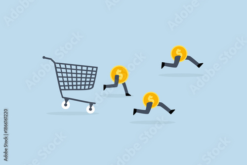 Over spending, Dollar coins flee from an aggressively chasing creditor shopping cart or trolley