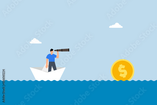 Financial planning target, Businessman aboard a boat, using a telescope to glimpse faraway golden money coins