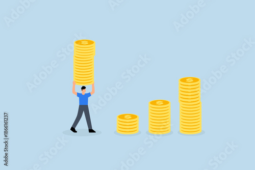 Compound interest effect, Businessman investor holding a large stack of dollar coins to use as a growth compound graph