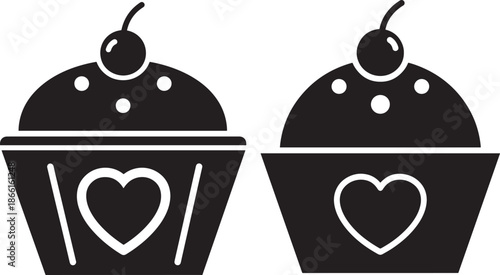 Two cupcakes silhouette icon with heart decoration