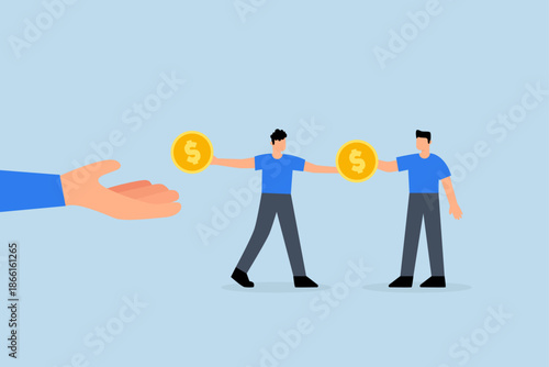 Living paycheck to paycheck, The weary businessman picks up dollar coin and uses it to settle his creditor debt