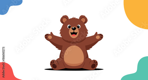 Cute cartoon brown bear sitting with open arms.