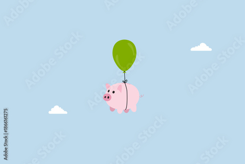 Financial freedom, pink piggy bank floating in a minimalist sky, ready to sail off to freedom.