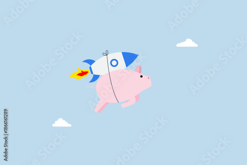 Boost saving and get higher return, pink piggy bank that flies with rocket booster