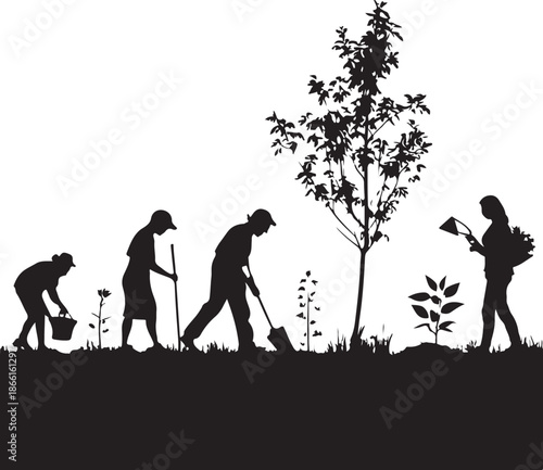 Minimalist Silhouette Panorama of People Gardening Showing Growth Cultivation Community Effort Environmental Care Black White Vector Illustration Concept Nature Progress