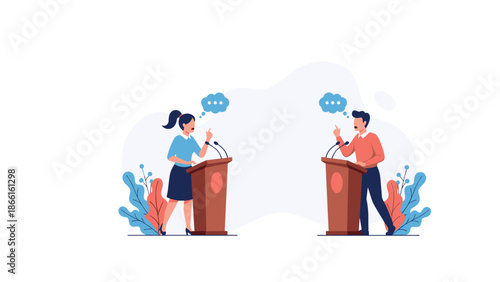 Diverse man and woman participating in a public debate while standing at wooden podiums with microphones and speech bubbles on a white background.