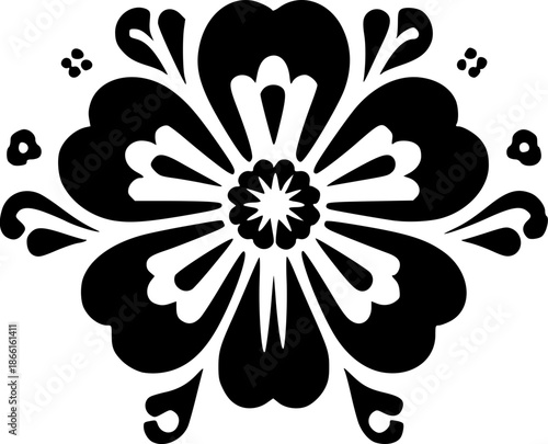 Mexican Folk Art Inspired Pansy Flower Silhouette Floral Illustration for seamless pattern