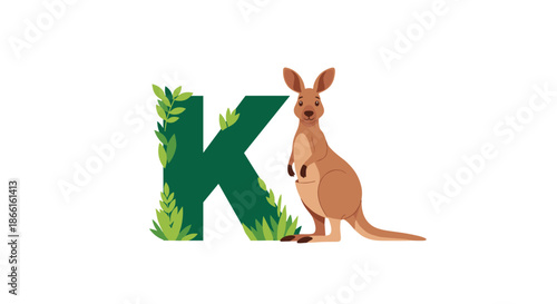 Kangaroo and Letter K with Green Leaves Alphabet Illustration.