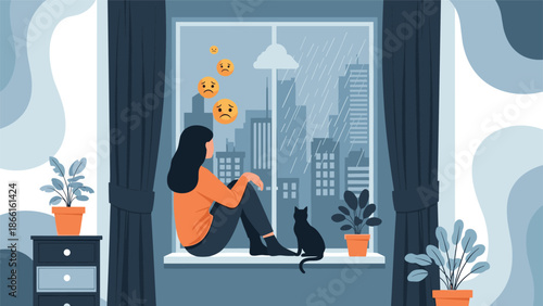 Melancholic woman sitting on a windowsill with her cat while looking out at a rainy cityscape accompanied by floating sad emojis depicting sadness.