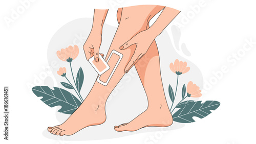 Illustration of a person applying a wax strip to their lower leg for hair removal surrounded by decorative floral elements on a white background.