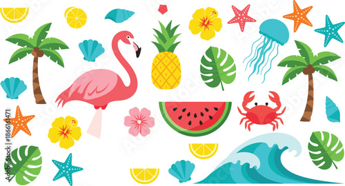 Tropical summer cartoon vector set with flamingo palm trees fruits sea waves shells and beach elements