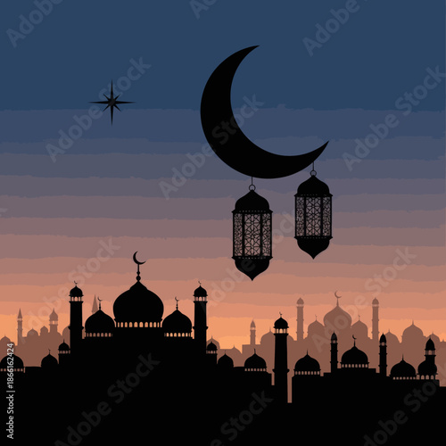Islamic City Silhouette at Dusk with Crescent Moon and Lanterns
