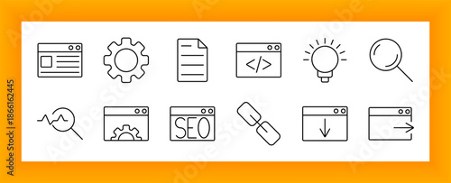 SEO set icon. Webpages, gear, document, code, lightbulb, search magnifier, charts, settings, SEO label, link icon, and directional arrows representing web optimization elements.
