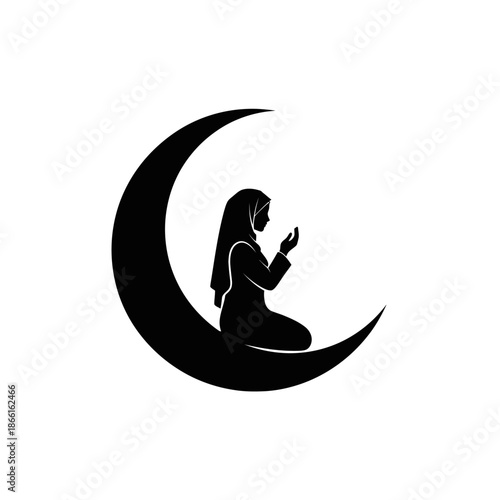 Silhouette of Muslim woman praying on crescent moon, Islamic symbol of faith and devotion