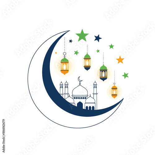 Ramadan Kareem, Islamic Mosque and Crescent Moon with hanging lanterns and stars