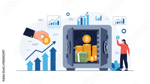 Businessman aiming an arrow at a target while climbing a rising bar chart towards his career and financial goals on a clean white background.