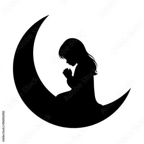 Silhouette of a child praying on a crescent moon, symbol of hope and spirituality