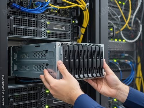 Data center technician handling server drives