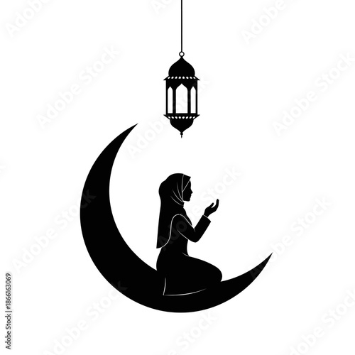 Silhouette of Muslim woman praying on crescent moon under lantern, Ramadan Kareem concept