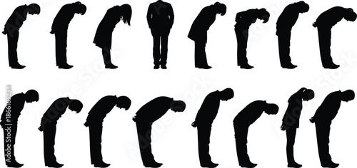 People, silhouettes, bending, bowing, body, posture, stress, pain, depression, tired, exhausted, standing, human, figures, black, shadow, health, concept, vector, set