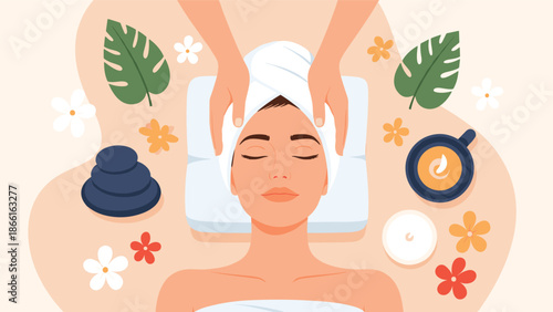 Relaxed woman receiving a facial massage treatment at a luxury spa surrounded by tropical leaves and aromatherapy elements on a soft background.