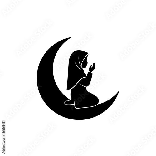 Silhouette of Muslim girl in hijab praying on crescent moon, Islamic faith and spirituality