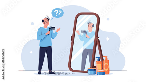 Worried man examining his hair loss and thinning scalp in a mirror while holding a comb in a modern bathroom setting with various products.