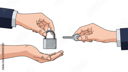 Business security and data protection concept showing human hands exchanging a metal padlock and its corresponding silver key for safety.