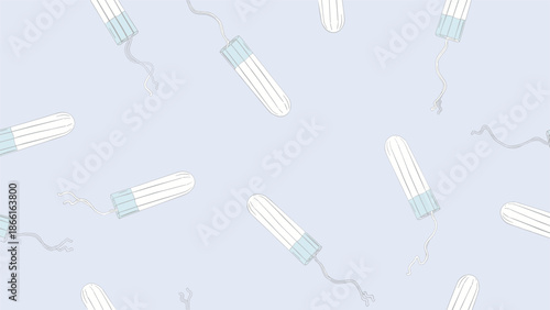 Sanitary and feminine hygiene seamless pattern featuring white tampons scattered across a soft light purple background for wellness.