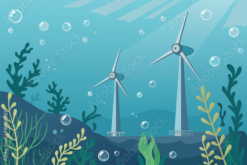 Tidal Energy Turbines Underwater Bac