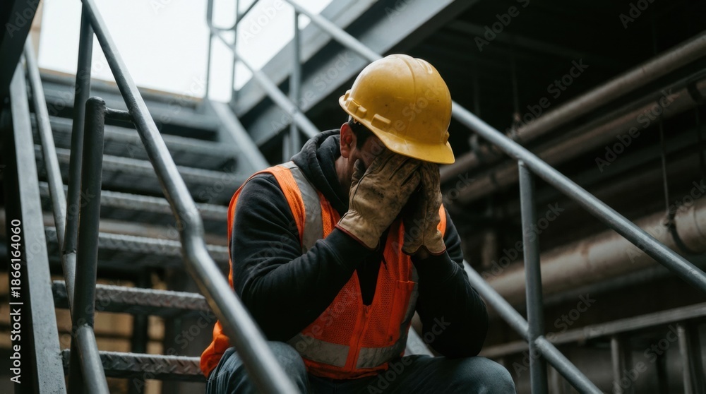 Naklejka premium Stressed male construction worker sitting on industrial stairs, covering face with gloved hands, workplace mental health and occupational burnout concept