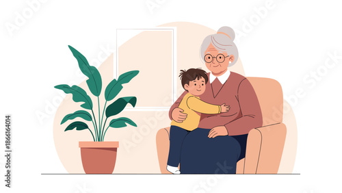 Loving grandmother sitting in a comfortable armchair while embracing her young grandson in a warm and cozy home environment.
