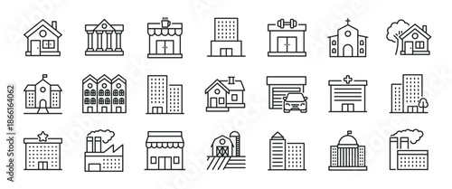 Building thin line icons. Editable stroke. Icon for design infographic, website, banner, brochure, presentation, logo, app, ui, ux etc. Vector illustration
