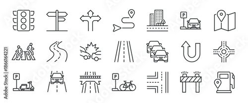 Traffic and Road thin line icons. Editable stroke. Icon for design infographic, website, banner, brochure, presentation, logo, app, ui, ux etc. Vector illustration