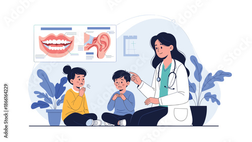 Female doctor explaining oral and auditory health to two young children using anatomical diagrams in a professional medical office.