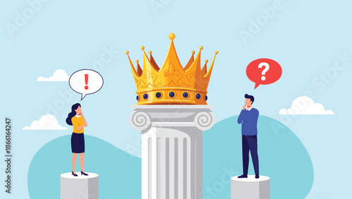 Success and leadership ambition concept showing two people looking up at a massive golden crown atop a classic marble pillar or column.