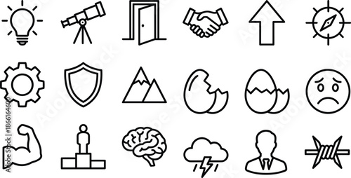 Abstract concept icons set, black and white vector illustration for motivation, psychology, education, business, challenge, growth, and innovation.