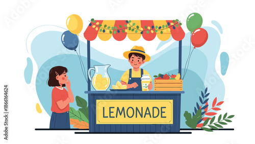 Two children running a colorful lemonade stand outdoors with fresh fruit, a pitcher, balloons, and decorative glowing lights.