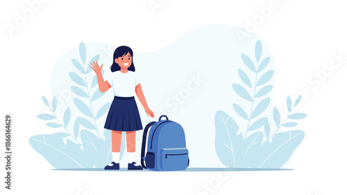 Happy young schoolgirl with a blue backpack waving her hand while standing in a peaceful nature background with leaves and plants.
