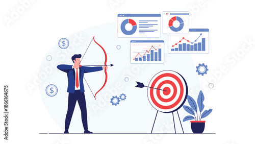 Professional businessman aiming his bow and arrow at a bulls-eye target surrounded by various business data charts and financial icons.