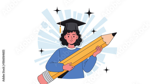Proud female graduate wearing a cap and gown while holding a massive yellow pencil as a symbol of her educational success and growth.