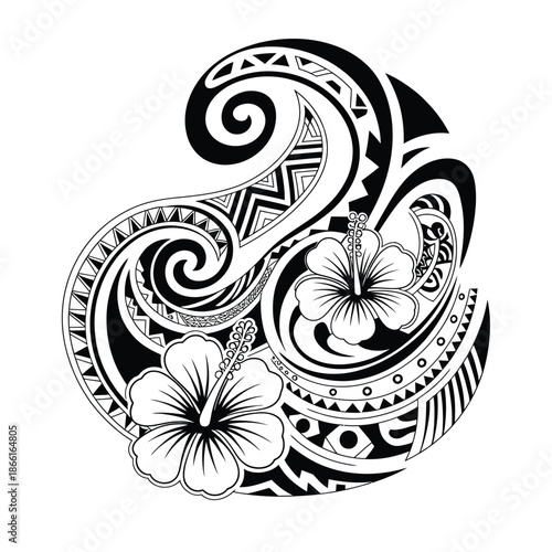 Black and white tribal tattoo design with hibiscus flowers and swirling patterns