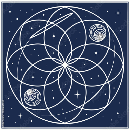 Abstract Geometric Pattern of Galaxies and Stars in a Stylized Universe Space Vector Illustration