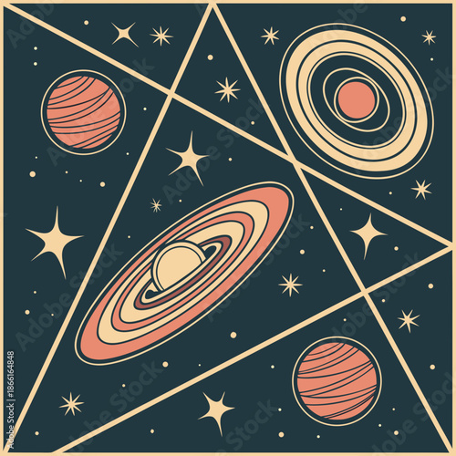 Stylized Cosmic Geometric Pattern of Stars and Galaxies for Space Themed Vector Background