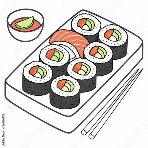 Elegant Sushi Platter Illustration Featuring Salmon Nigiri and Maki Rolls in a Clean Vector Style