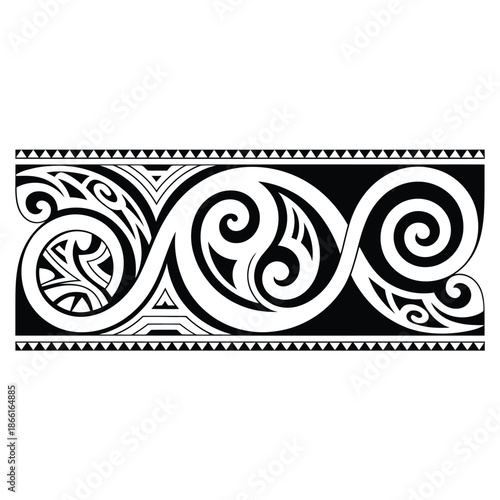 Traditional maori tribal design with swirling patterns and borders