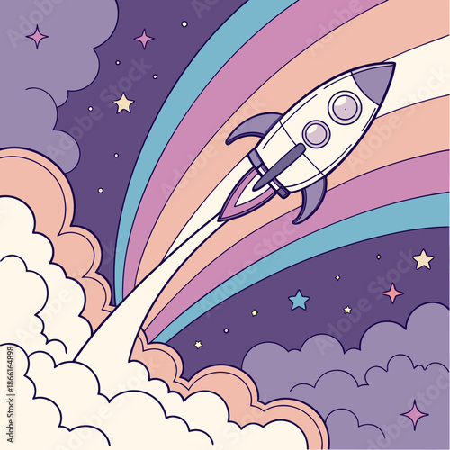 Vibrant Cosmic Space Exploration Scene with a Rocket Ship Flying Past Distant Stars and Planets