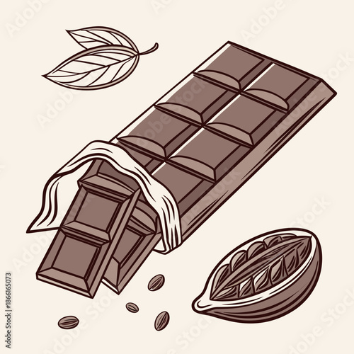 Chocolate Bar Vector Illustration Showing the Unwrapping of Foil Packaging to Reveal Chocolate
