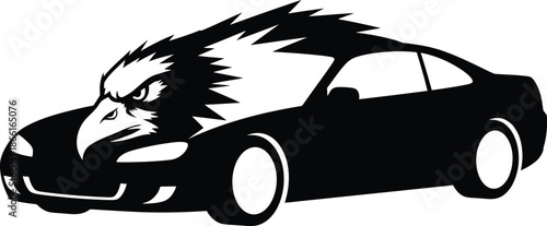 A black and white illustration of a car with an eagle's head on the front